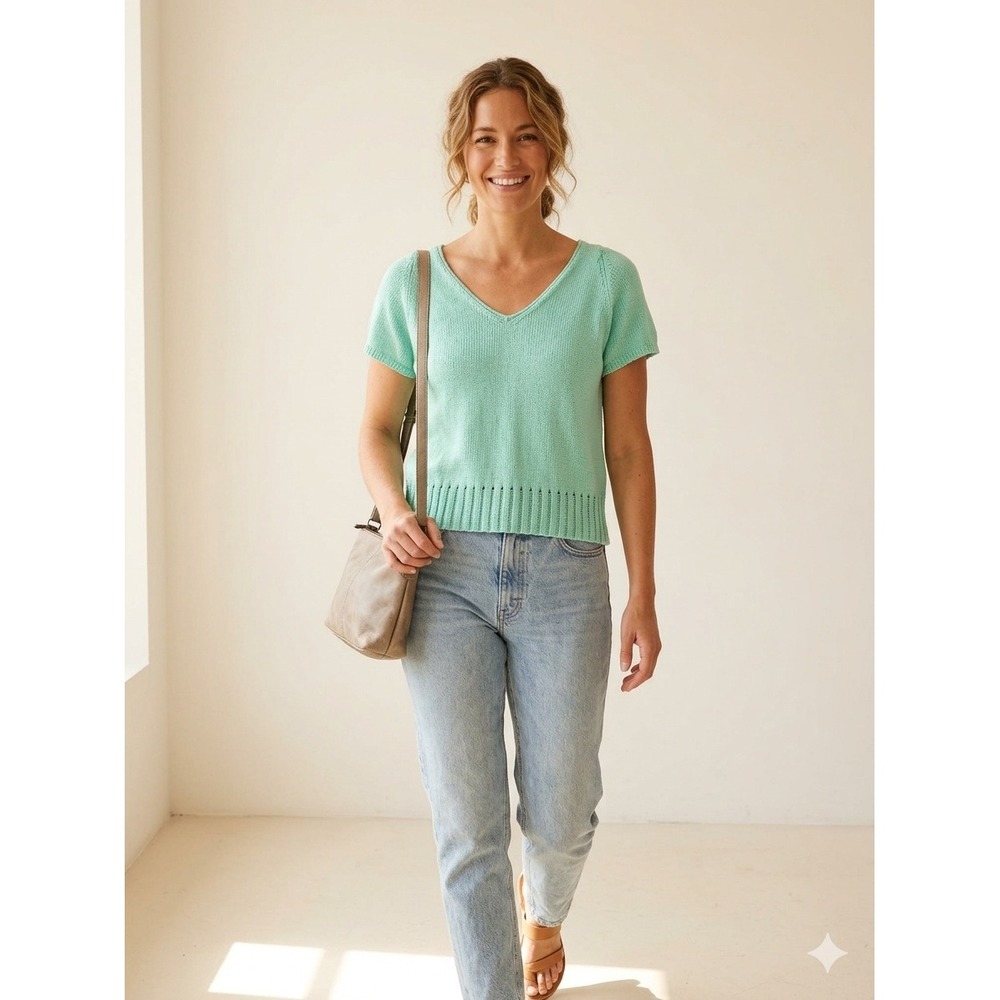 Finity Naturals Knit Top Womens Large Mint Green‎ Excellent V-Neck Ramie Blend